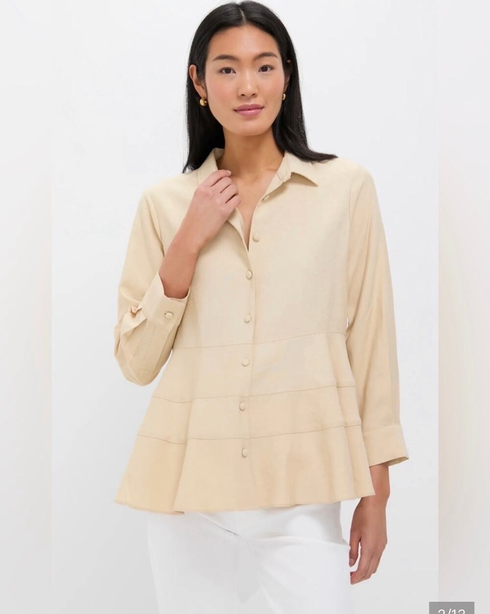 Pomander Place Ashlen Blouse Sz L Tan Tuckernuck Button Front Tiered Office New